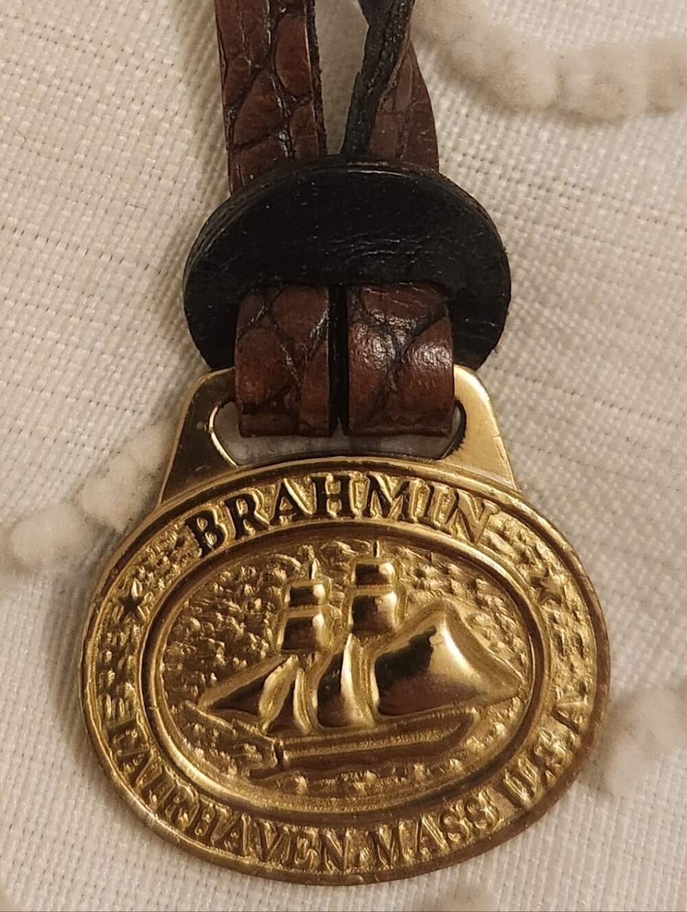 Brahmin Brown Leather Strap Keyring with Gold Medallion